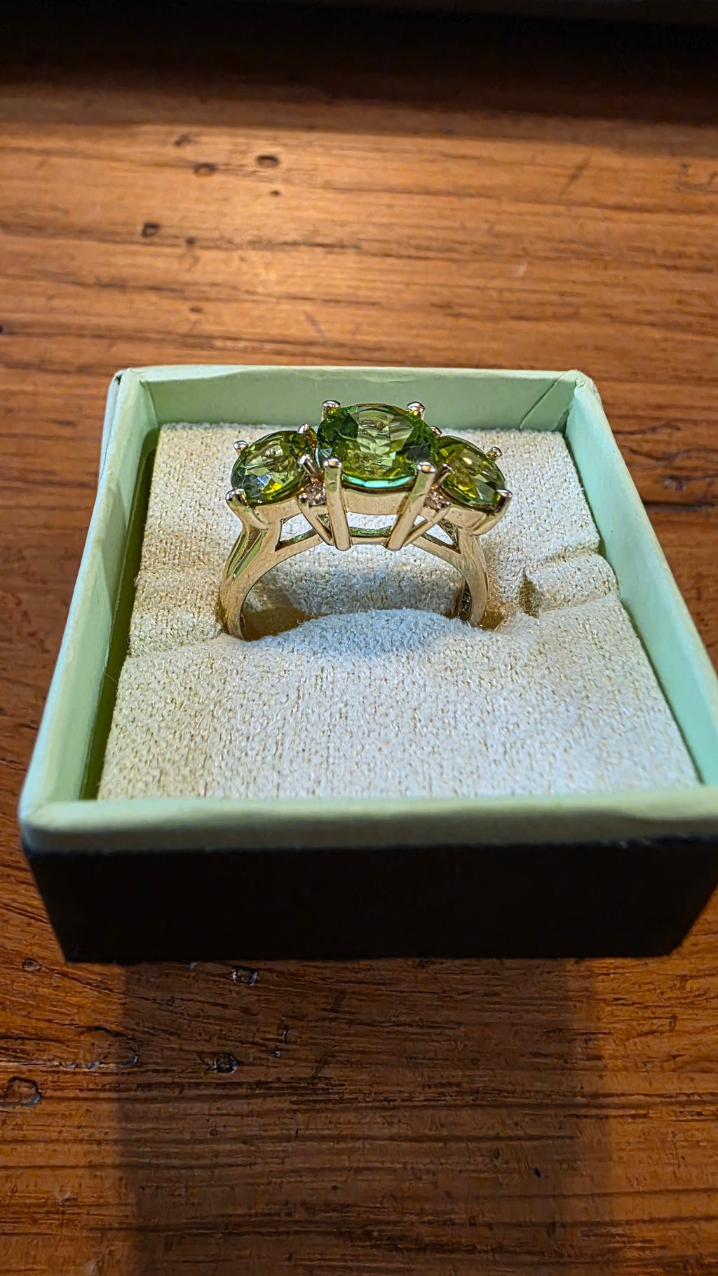 14K Yellow Gold, 4.05 ctw Natural Peridot and Diamond Trilogy Ring