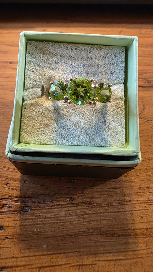 14K Yellow Gold, 4.05 ctw Natural Peridot and Diamond Trilogy Ring