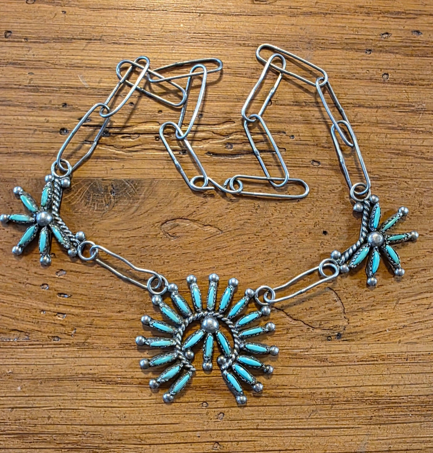 Vintage Sterling Silver and Turquoise Zuni Turquoise "Sunface" Bib 16"