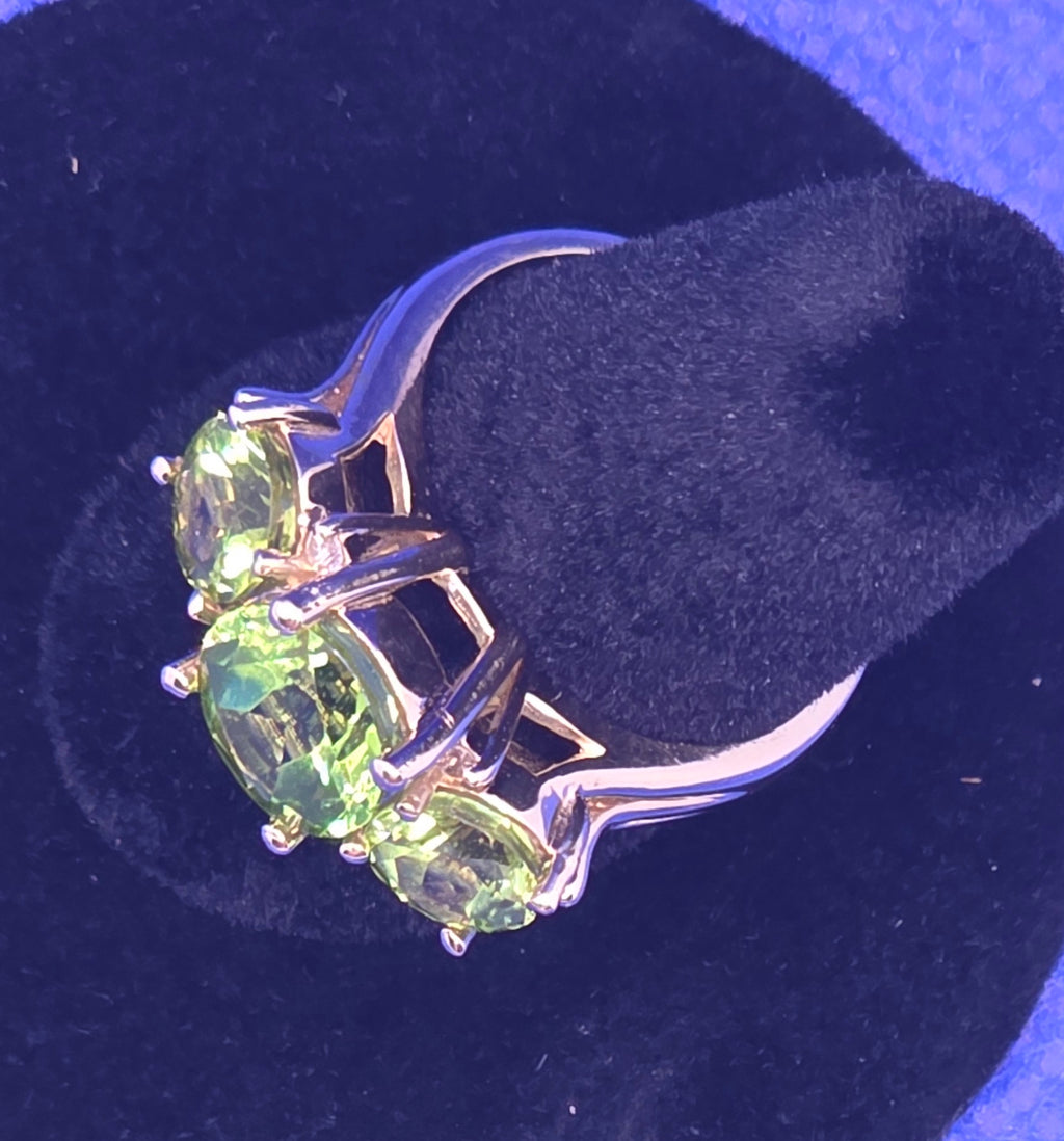 14K Yellow Gold, 4.05 ctw Natural Peridot and Diamond Trilogy Ring