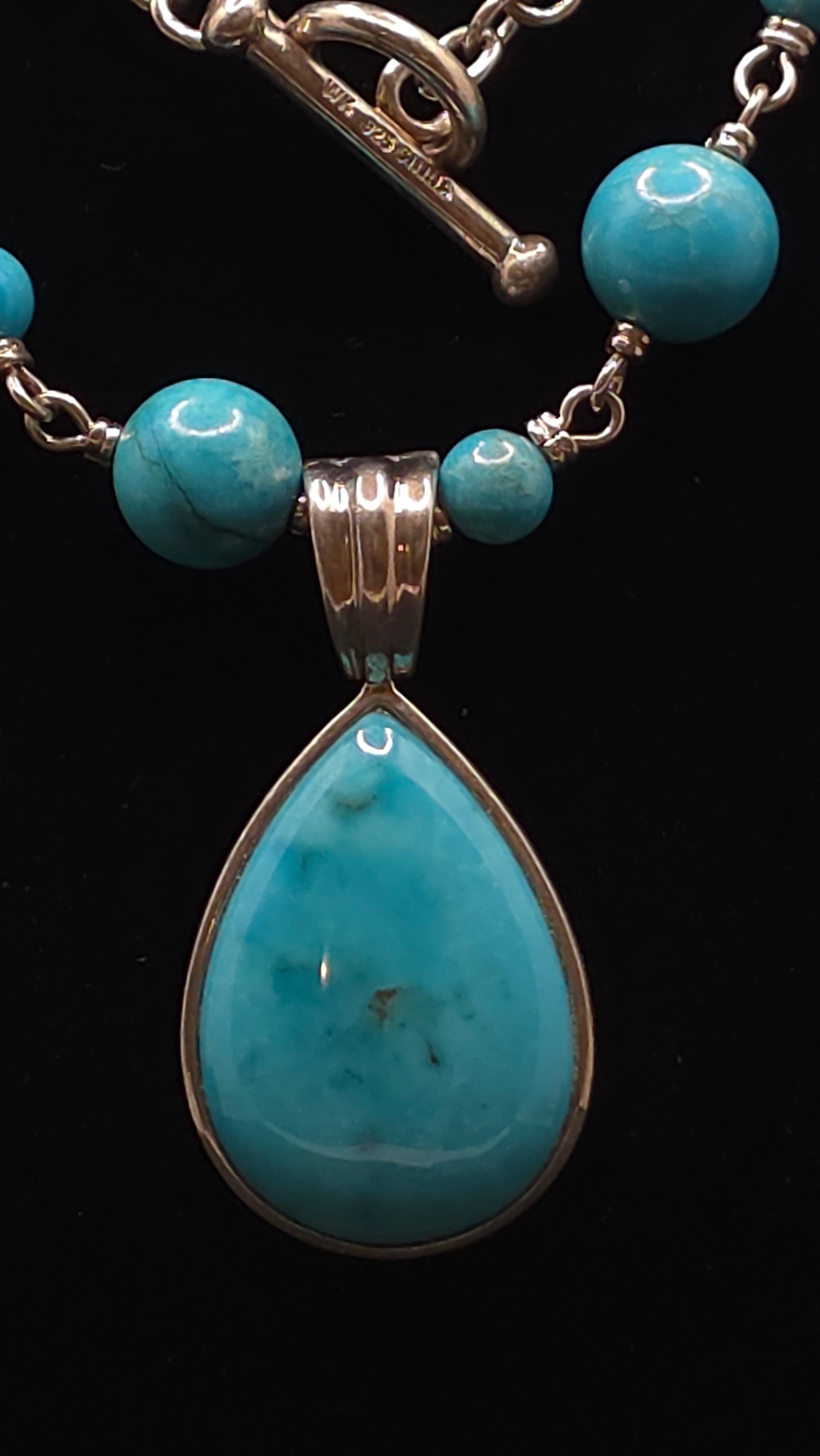 Vintage Whitney Kelly Sterling Silver Turquoise Beaded 36" Link Necklace &  Enhancer Pendant Set