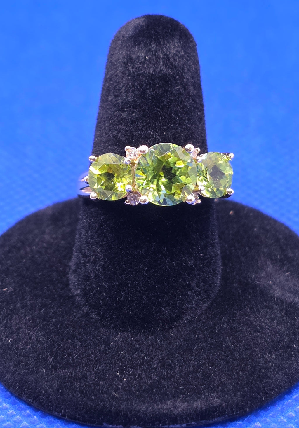 14K Yellow Gold, 4.05 ctw Natural Peridot and Diamond Trilogy Ring