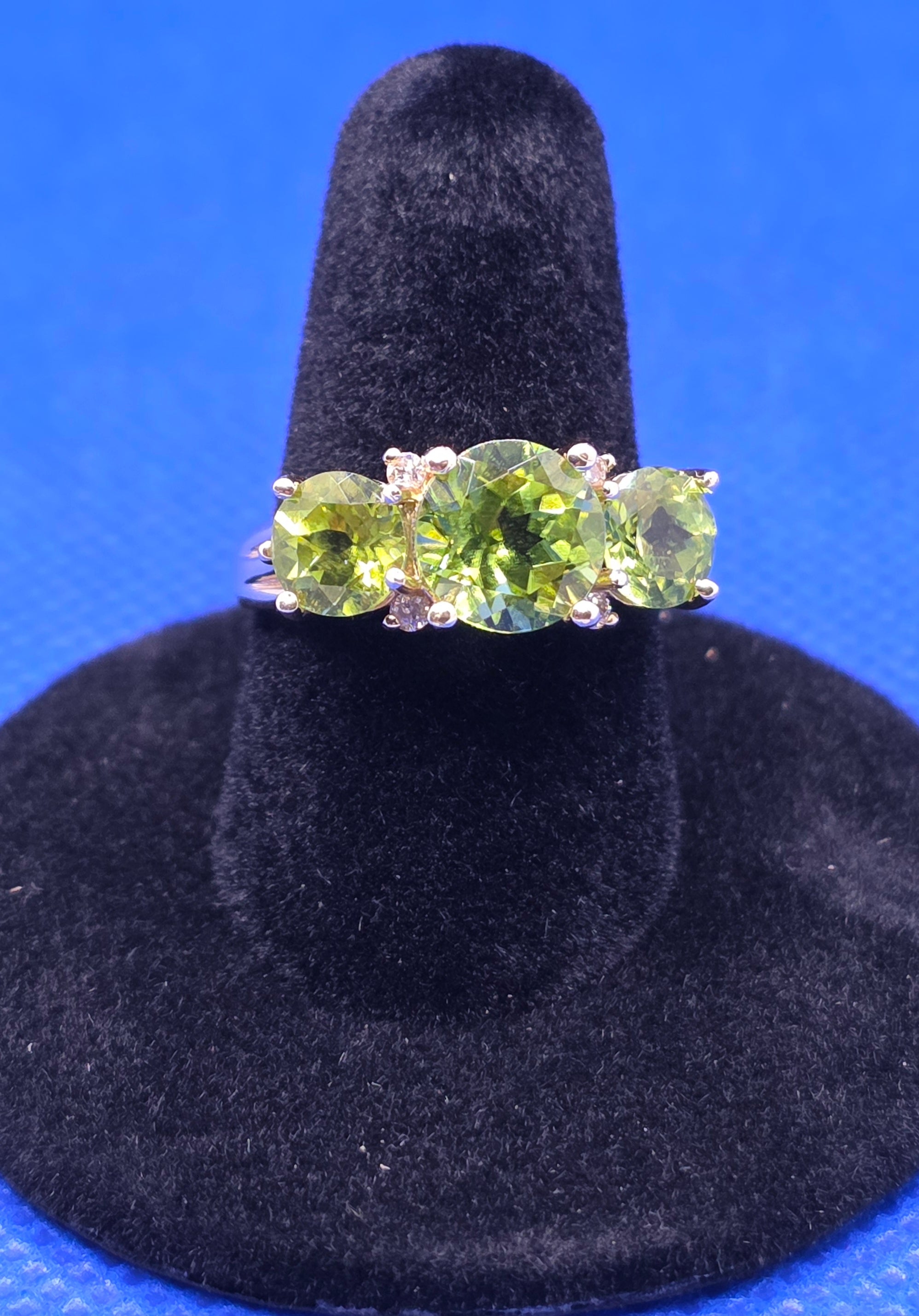 14K Yellow Gold, 4.05 ctw Natural Peridot and Diamond Trilogy Ring
