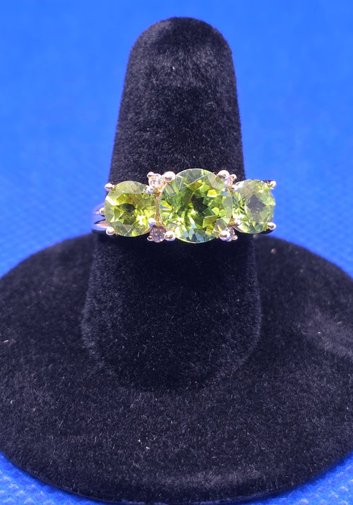 14K Yellow Gold, 4.05 ctw Natural Peridot and Diamond Trilogy Ring