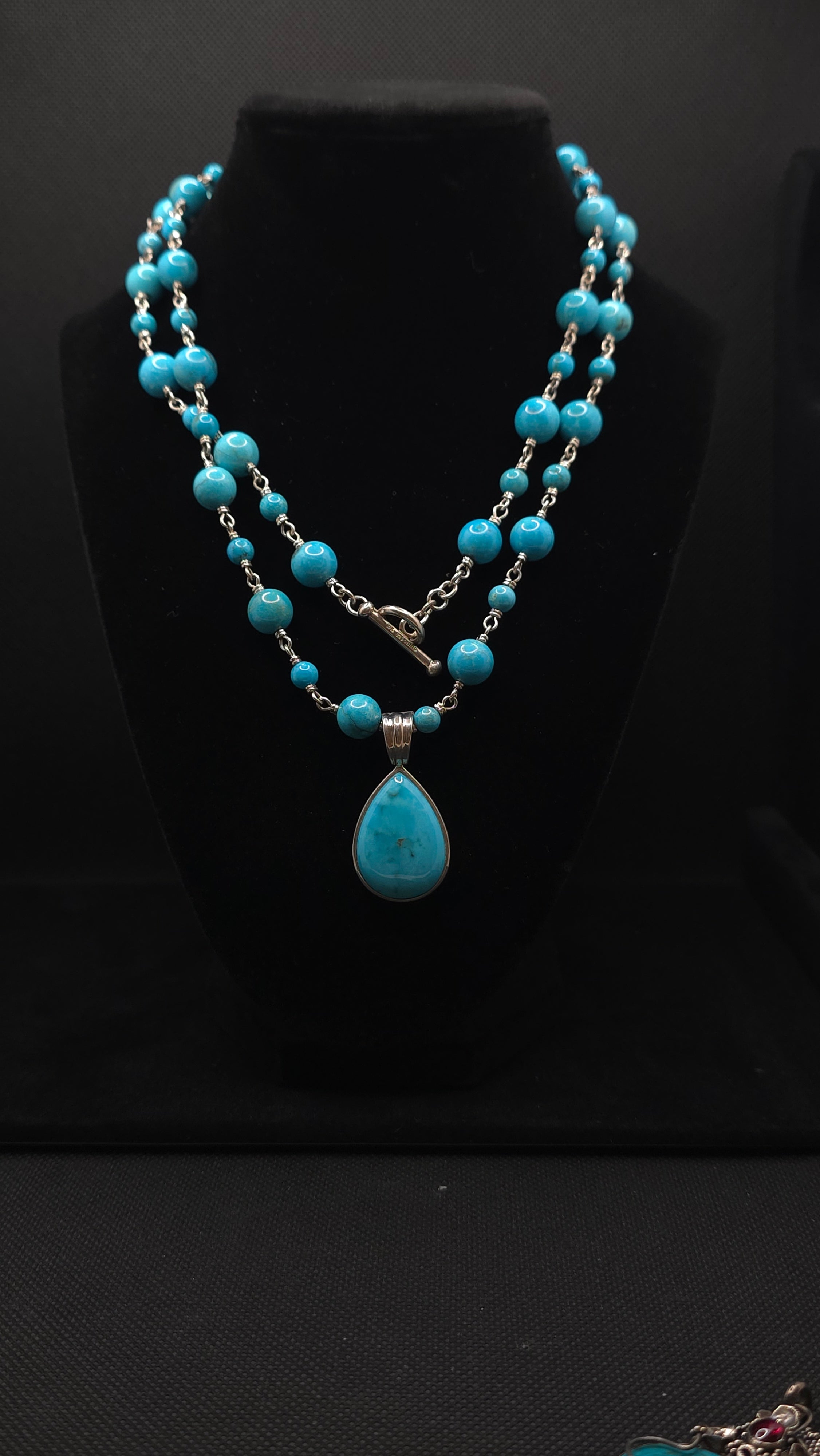 Vintage Whitney Kelly Sterling Silver Turquoise Beaded 36" Link Necklace &  Enhancer Pendant Set