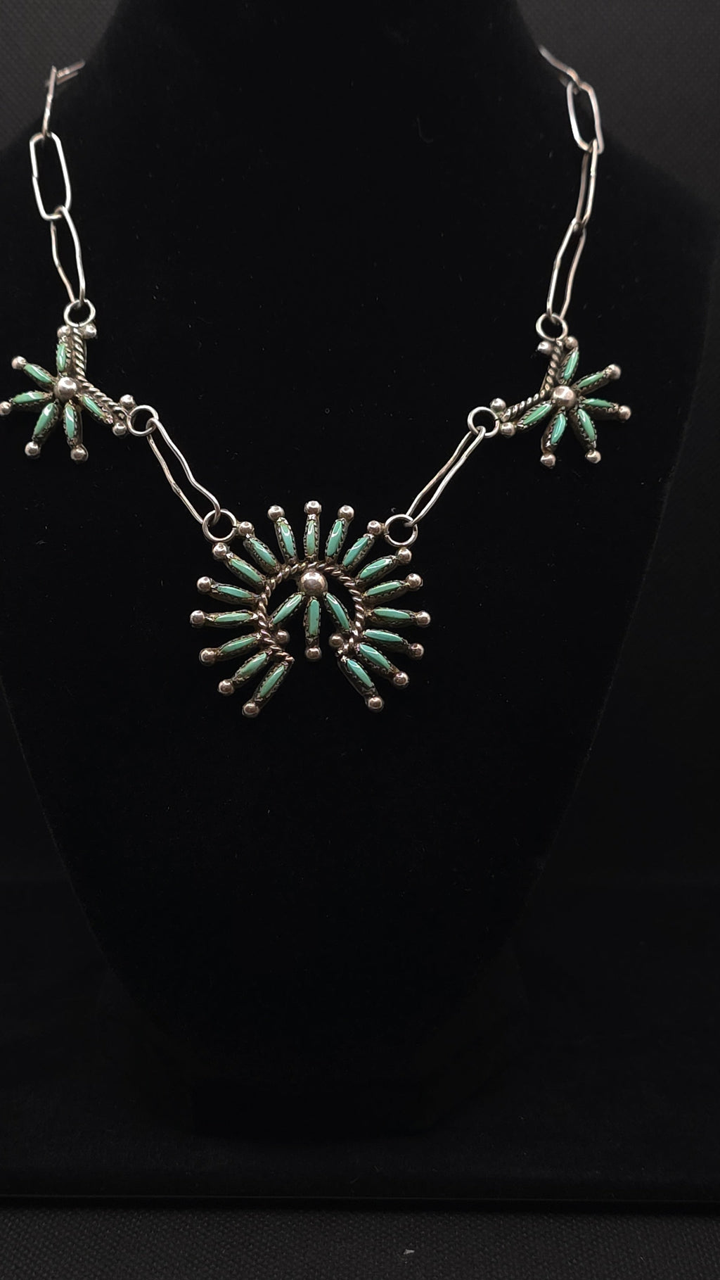 Vintage Sterling Silver and Turquoise Zuni Turquoise "Sunface" Bib 16"